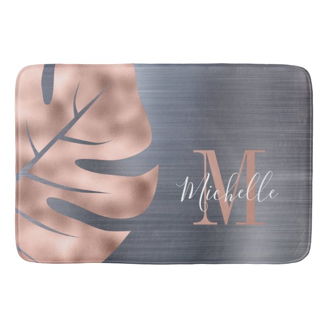 Tapis De Bain Élégant Rose or argent gris monogramme (Devant)