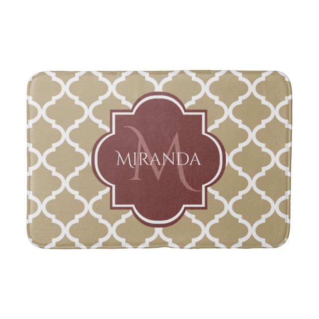 Tapis De Bain Élégant Tan Quatrefoil Bourgogne Monogramme et nom (Devant)