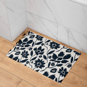Tapis De Bain Élégant toile de crème florale bleu foncé
