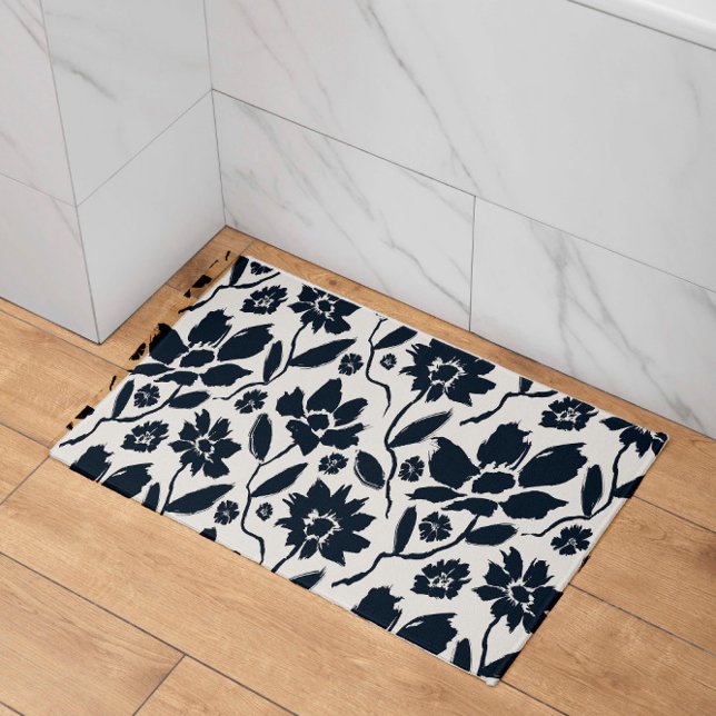 Tapis De Bain Élégant toile de crème florale bleu foncé (Créateur téléchargé)