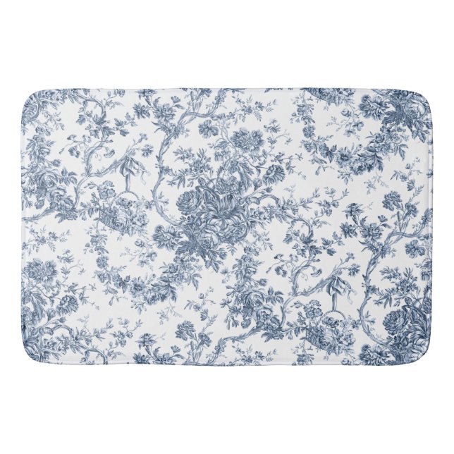 Tapis De Bain Élégant Vintage Français gravé Floral Toile-Blue (Devant)