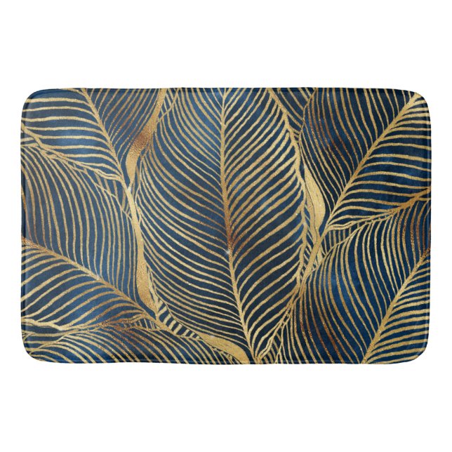 Tapis De Bain Elégante conception de feuille d'or bleu (Devant)
