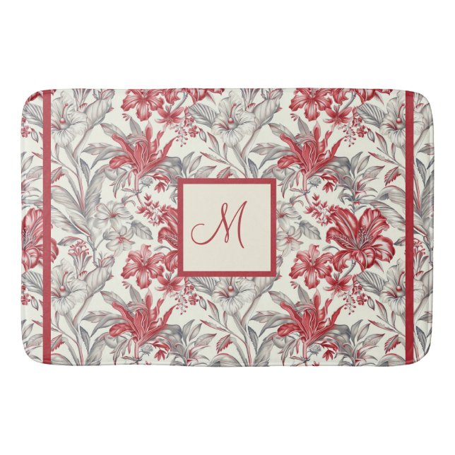 Tapis De Bain Elégante toile de Jouy Rouge profond et gris subti (Devant)