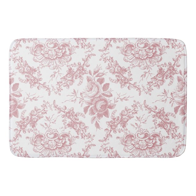 Tapis De Bain Élégante toile florale blanche et rose gravée (Devant)