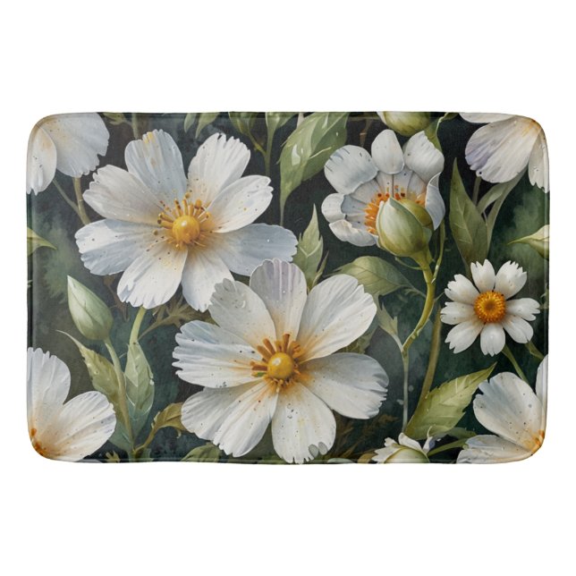 Tapis De Bain Élégantes Fleurs Blanches Adorables Aquarelle Chic (Devant)