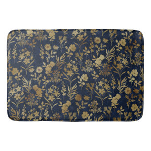 Tapis De Bain Élégantes Fleurs d'or Bleu Botanique