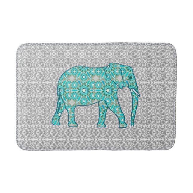 Tapis De Bain Éléphant de fleur de mandala - turquoise, gris et (Devant)