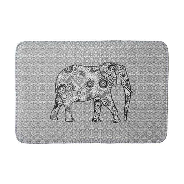 Tapis De Bain Eléphant fractal, gris, noir et blanc (Devant)