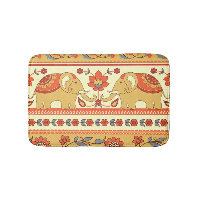 Tapis De Bain Éléphants ethniques, fleurs, motif sans couture. (Devant)