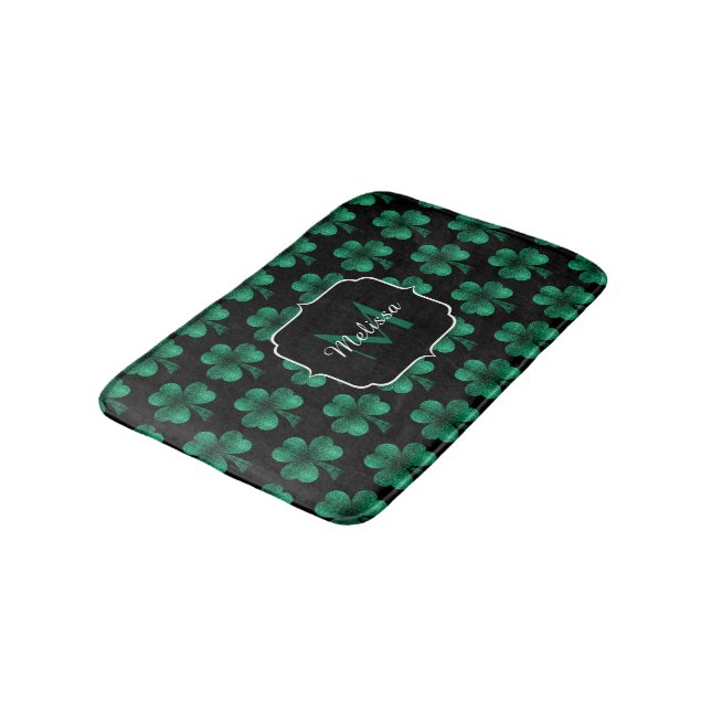 Tapis De Bain Emerald Green Sparkle Shamrock noir Monogramme (Angle)