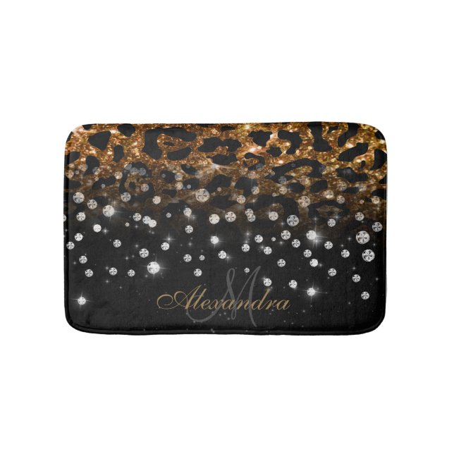 Tapis De Bain Empreinte de léopard d'étincelle noir et or (Devant)