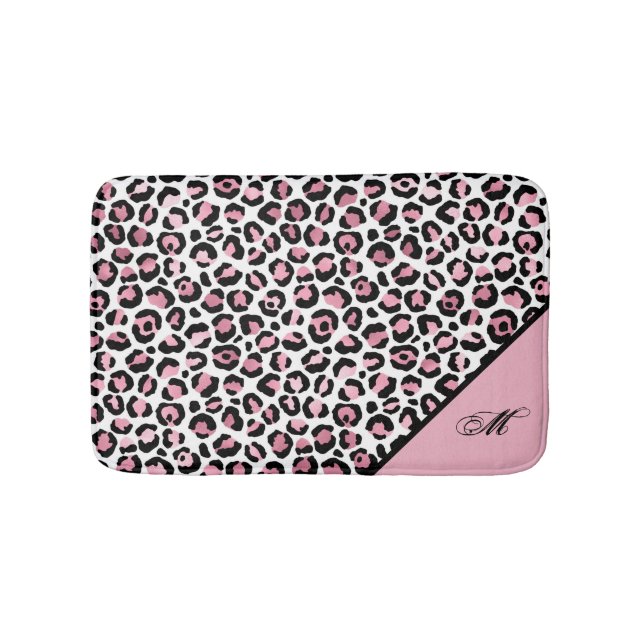 Tapis De Bain Empreinte de léopard en rose blanc & noir avec Mon (Devant)