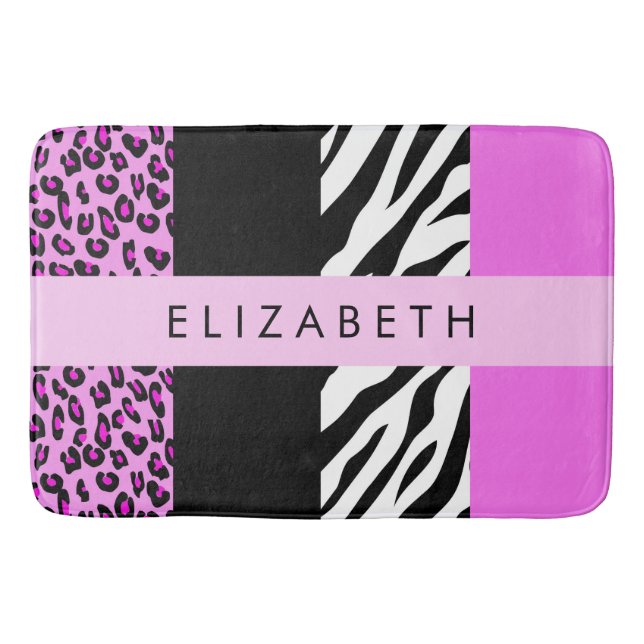 Tapis De Bain Empreinte de léopard, Zebra Print, Rose, Votre nom (Devant)