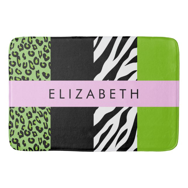Tapis De Bain Empreinte de léopard, Zebra Print, Vert, Votre nom (Devant)