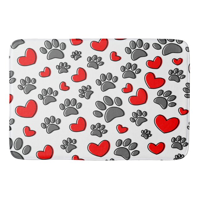 Tapis De Bain Empreintes de pattes De Chiens Et Coeurs Rouges (Devant)