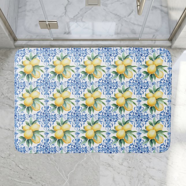 Tapis de bain en carrelage bleu citron aquarelle (elegant watercolor french country mediterranean lemon blue tile bath mat)