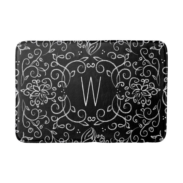 Tapis De Bain En filigrane noir et blanc de craie de monogramme (Devant)