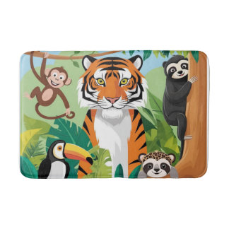 Tapis De Bain Enfants mignons Animaux Jungle Tigre Singe Oiseau