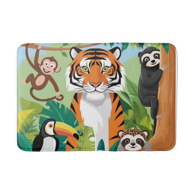 Tapis De Bain Enfants mignons Animaux Jungle Tigre Singe Oiseau (Devant)