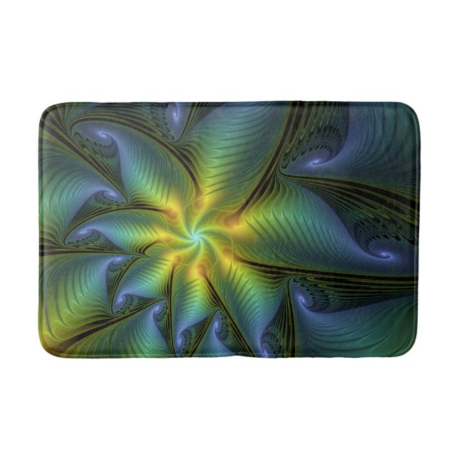 Tapis De Bain Étoile abstraite, art fractal doré bleu vert brill (Devant)