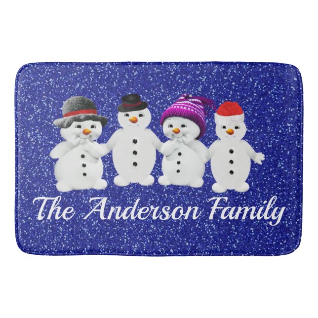 Tapis De Bain Famille de quatre Snowmen Blue Sparkle Winter (Devant)