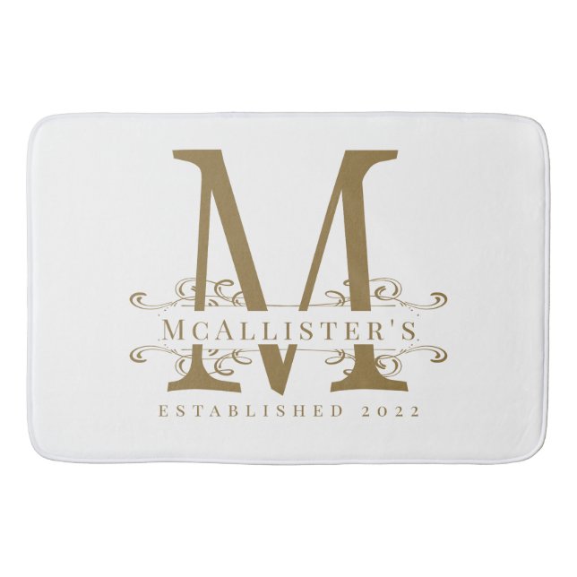 Tapis De Bain Famille Monogramme Elegant Blanc et Gold Classy (Devant)