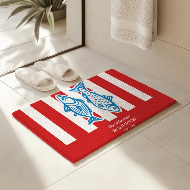 Tapis De Bain Famille personnalisée Stripes de sardine rouge mar (Créateur téléchargé)