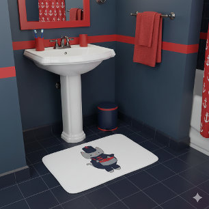 Tapis De Bain Fanfare Félin Tambourineur Bleu Marine Rouge