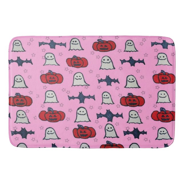 Tapis De Bain Fantômes d'Halloween rose, chauves-souris et Jack  (Devant)