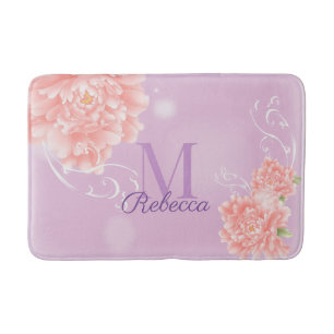 Tapis De Bain féminin Chic floral pourpre rose pivoine monogramm