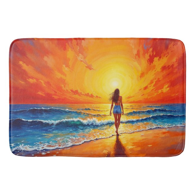 Tapis De Bain Femme marcher plage de l'océan chaud coucher de so (Devant)
