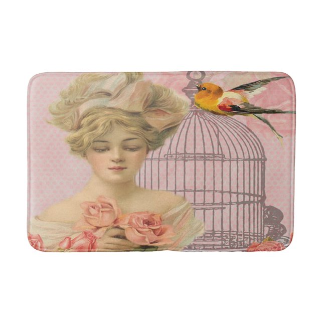 Tapis De Bain Femme Victorienne Belle Roses Roses Oiseau (Devant)
