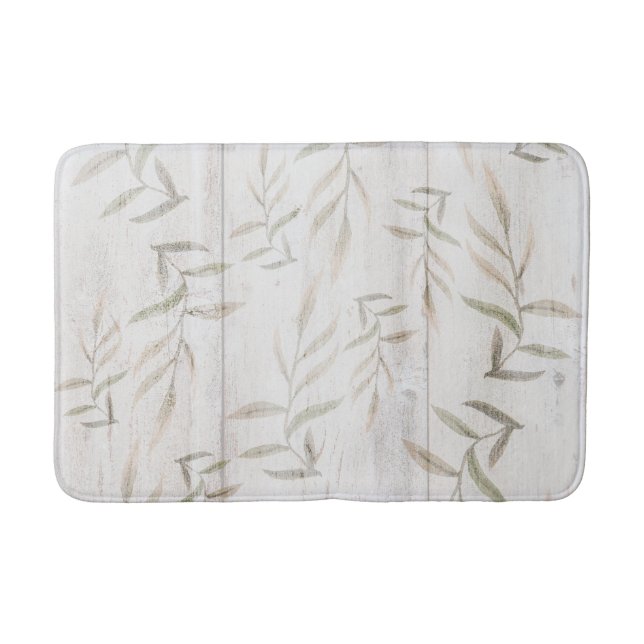 Tapis De Bain Ferme Botanique Blanc Bois Rosé Feuilles Rustiques (Devant)