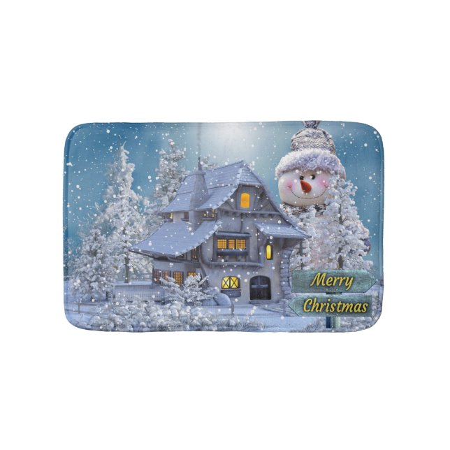 Tapis De Bain Fête de Noël Hiver Blanc Bonhomme de Neige Bleu Ru (Devant)