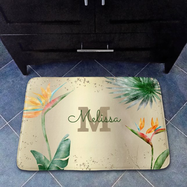 Tapis De Bain Feuillage Floral Tropical Monogramme Écriture Feui (Créateur téléchargé)