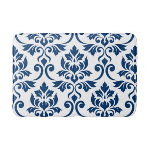Tapis De Bain Feuille Damask Lg Motif bleu foncé sur blanc