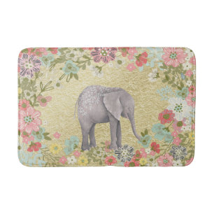 Tapis De Bain Feuille d'or florale de cadre d'éléphant chic