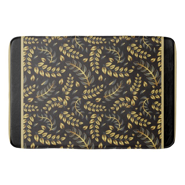 Tapis De Bain Feuilles de bronze or classique sur noir (Devant)