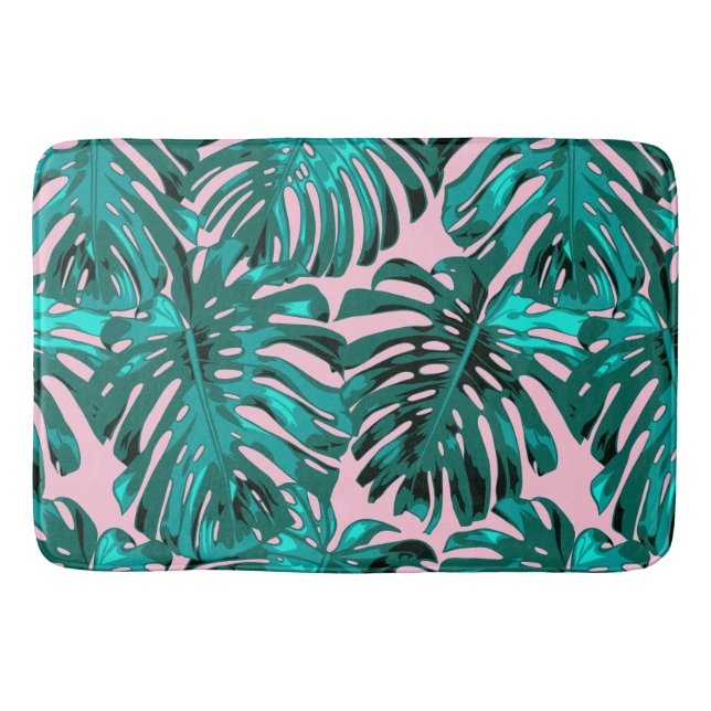 Tapis De Bain Feuilles de la jungle tropicale Turquoise rose (Devant)