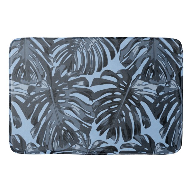 Tapis De Bain Feuilles de palme tropicale bleu foncé moderne (Devant)