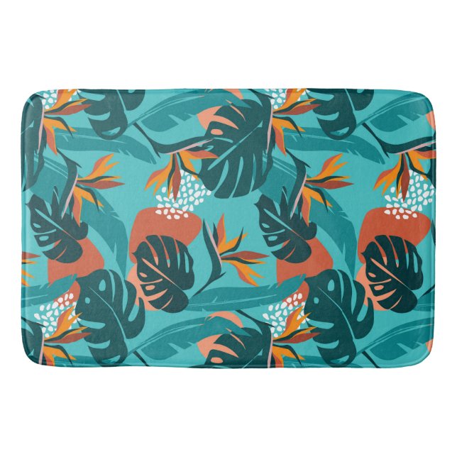 Tapis De Bain Feuilles de palmiers et fleurs d'hibiscus motif tr (Devant)