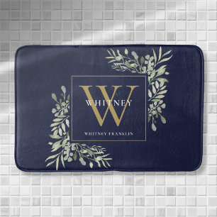 Tapis De Bain Feuilles de verdure à monogramme bleu marine et or