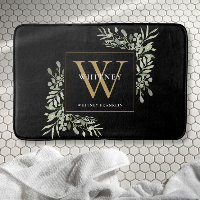 Tapis De Bain Feuilles de verdure de monogramme d'or noir modern (Modern Black Gold Monogram Greenery Leaves Bath Mat)