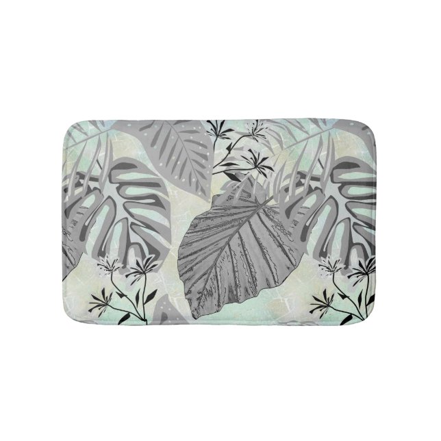 Tapis De Bain Feuilles tropicaux gris et fleurs. (Devant)