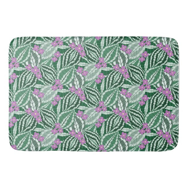 Tapis De Bain Feuilles verts tropicaux avec fleurs violettes (Devant)