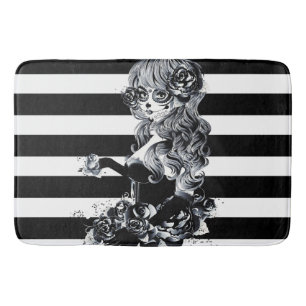 Tapis De Bain Fille aux crânes de sucre jolis rayés noir et blan