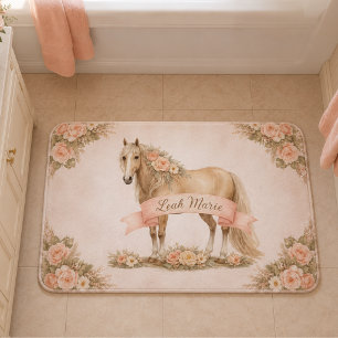 Tapis De Bain Fille Cheval Floral Rose Pêche Personnalisé Shabby