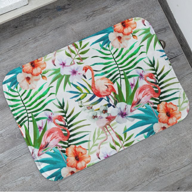 Tapis De Bain Flamant rose du Paradis tropical Fleurs Feuilles (Créateur téléchargé)