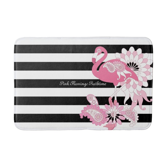 Tapis De Bain Flamant Rose Fantaisiste Rayé Noir et Blanc (Devant)