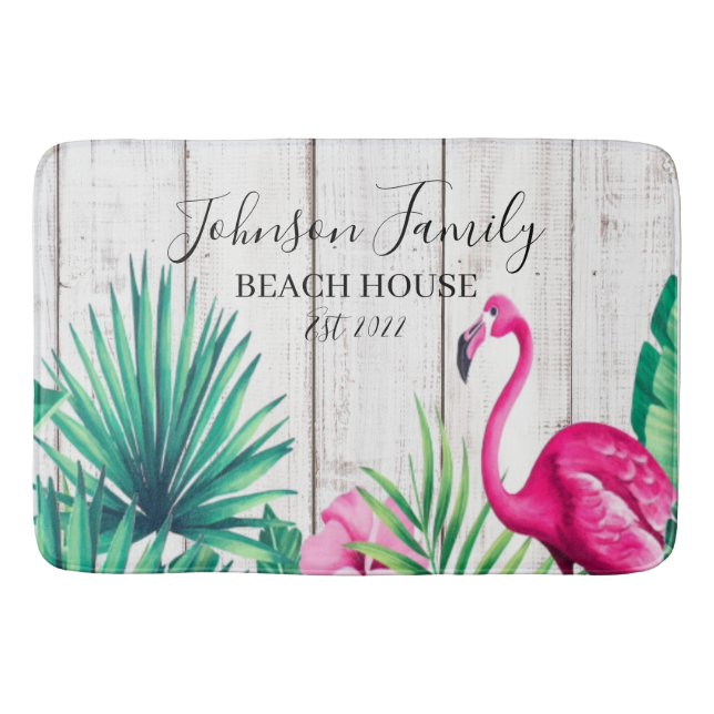 Tapis De Bain Flamant rose floral tropical Nom de famille Maison (Devant)
